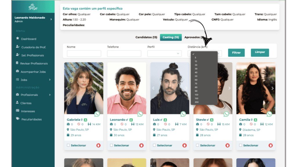 Tela de casting da My Tribe para gestão de staff para eventos, com filtro de distância dos profissionais